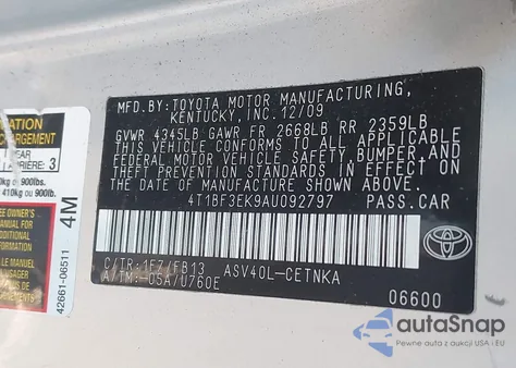 2010 Toyota Camry Le из США, поврежденный, VIN 4T1BF3EK9AU092797